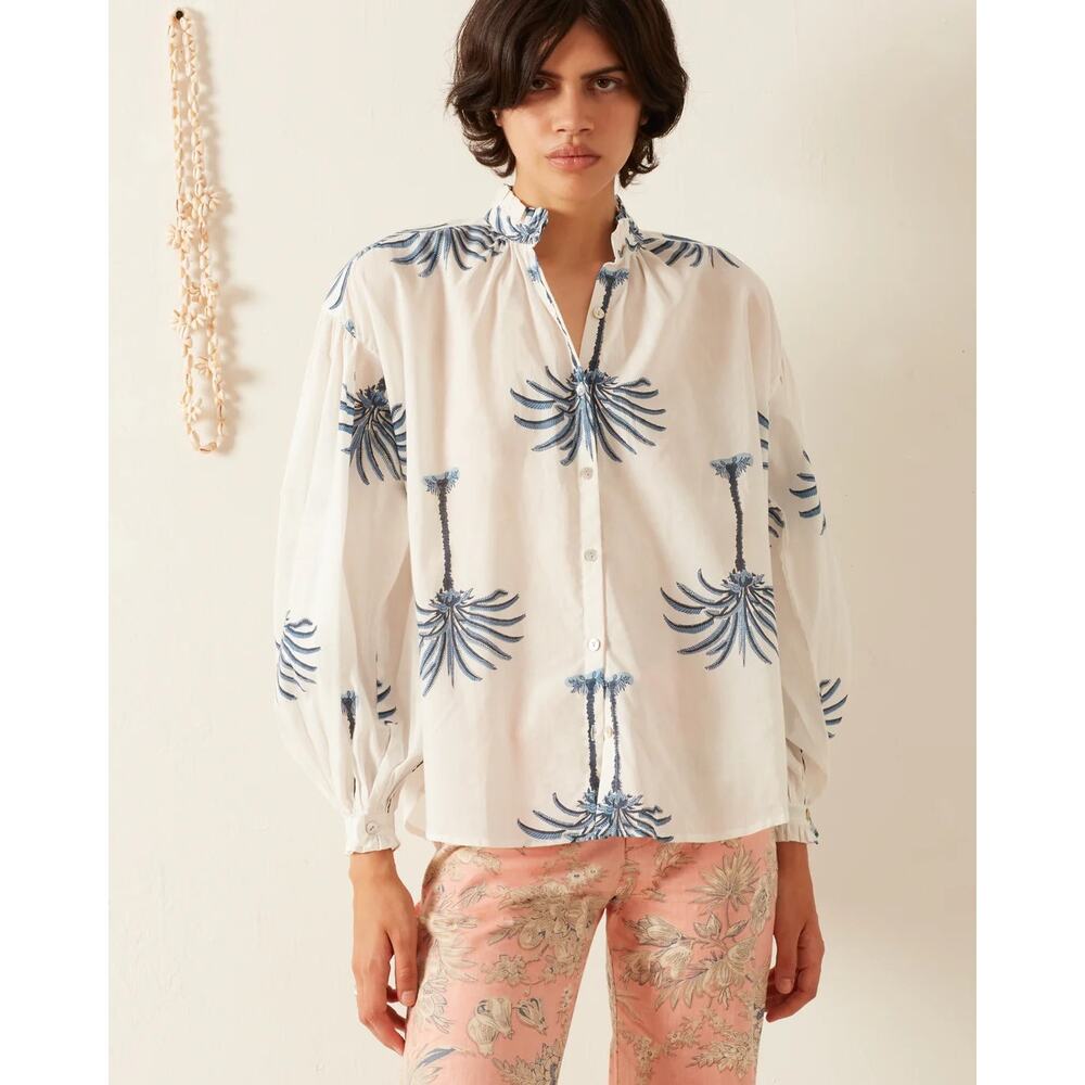 Alix of Bohemia Poet Indigo Palm Blouse White Blue Cotton Size XS